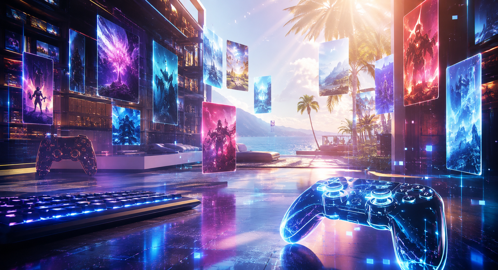 A bright futuristic game library representing Loaded's Summer of Savings